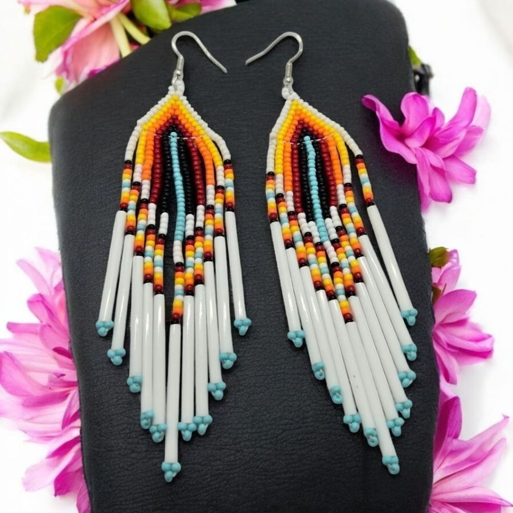 White Tribal Glass Bead Boho Fringe Earrings Tribal Beaded Jewelry Western NEW